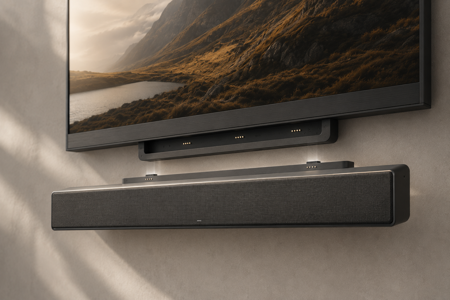 Macro detail of the Standard magnetic speaker bar against the machined aluminum edge of the display.