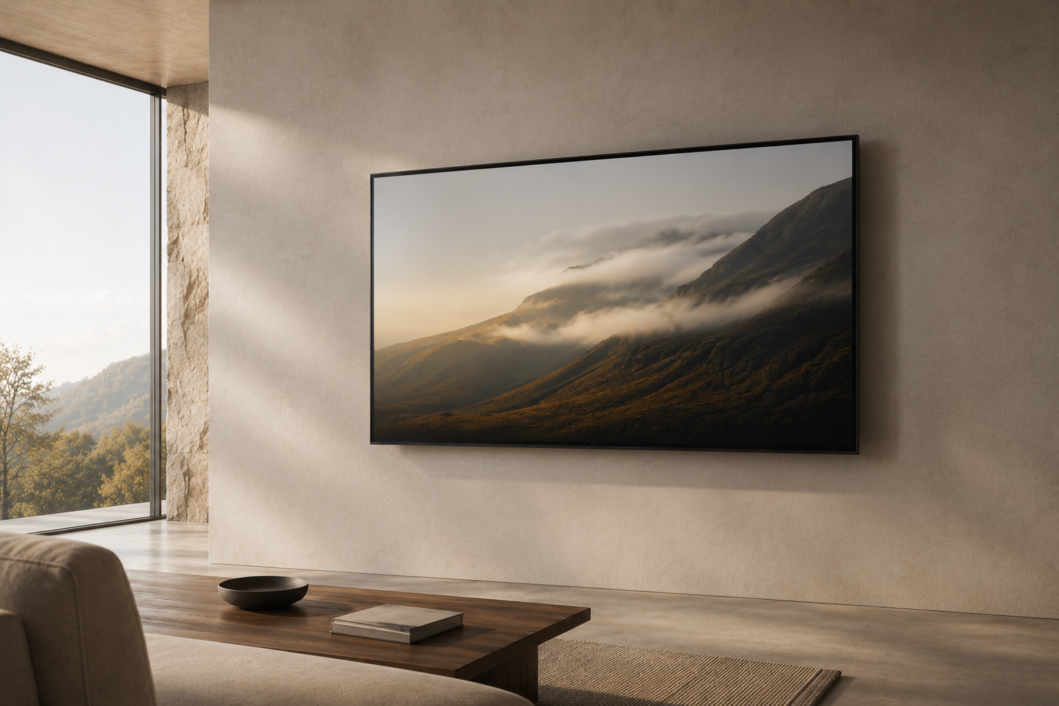 A PANE modular display mounted in a living room.
